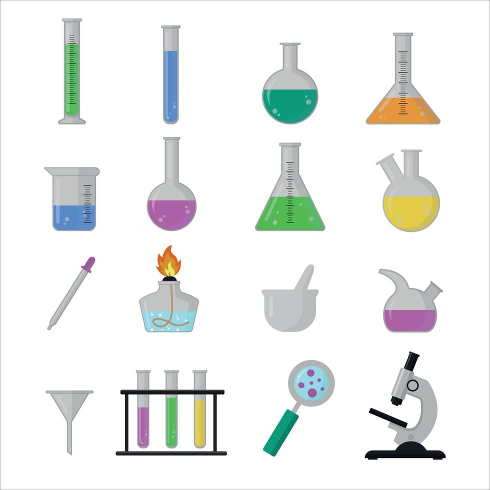 Set of science lab equipment. Beakers, flasks and test tubes for scientific experiments. Vector Illustration isolated on white background.