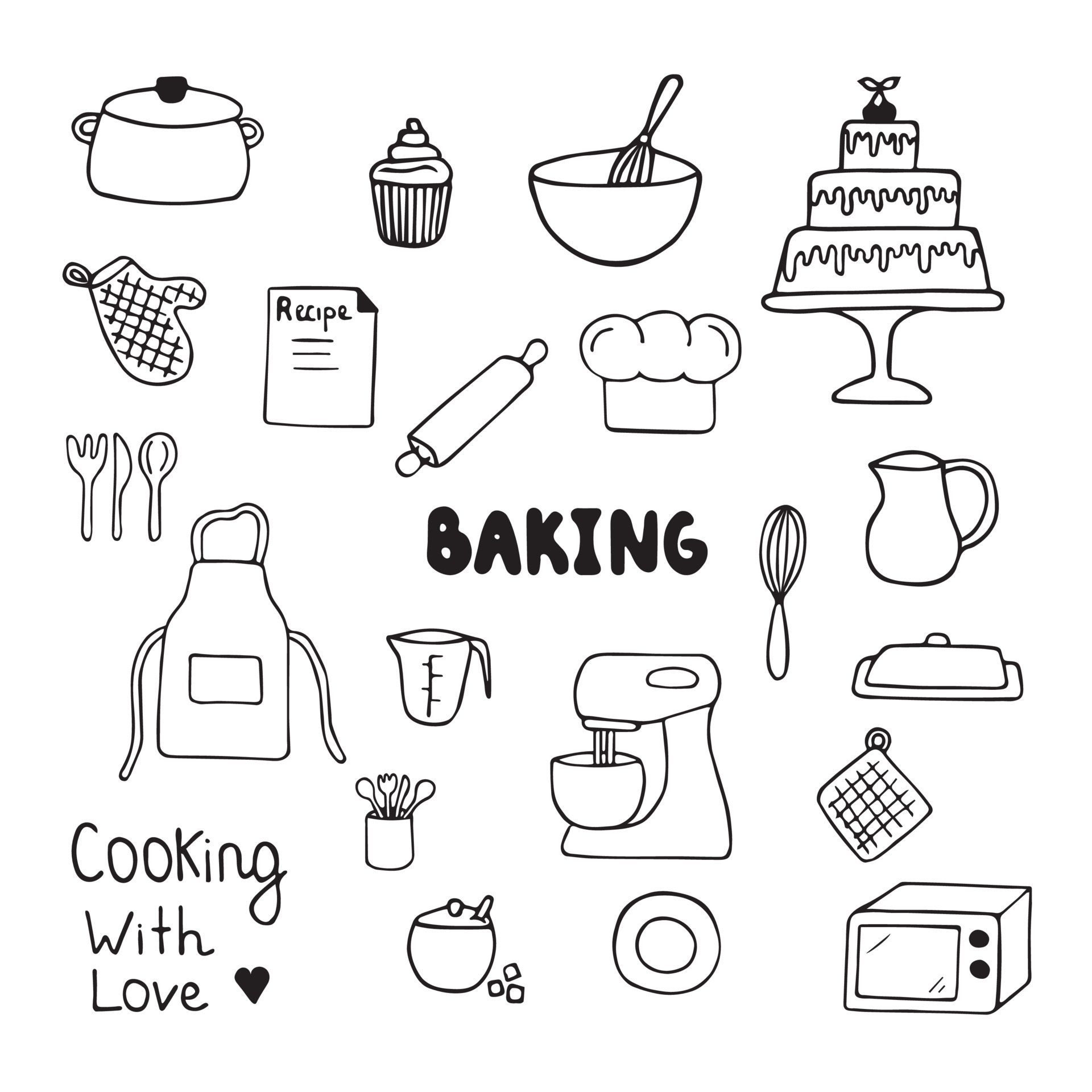 Baking doodles set. Hand drawn kitchen equipments. Vector illustration