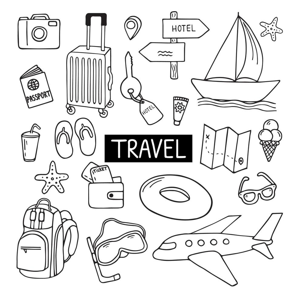 Set of travel doodle. Tourism and summer adventure icons. Bag, ticket, transport, camera, map in sketch style. Hand drawn vector illustration isolated on white background.