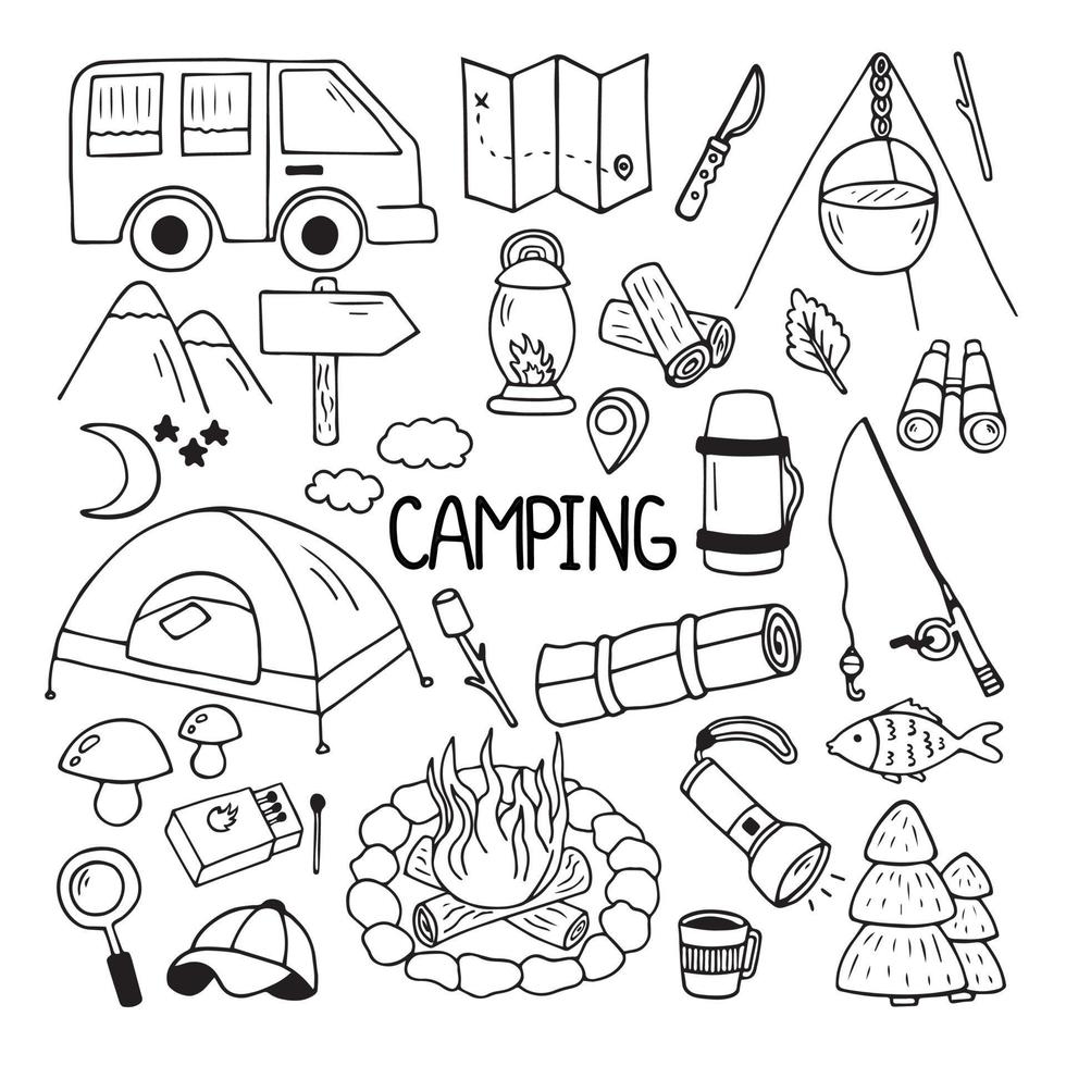 Set of camping and hiking elements in doodle style. Picnic, travel accessories and equipment. Hand drawn vector illustration isolated on white background.