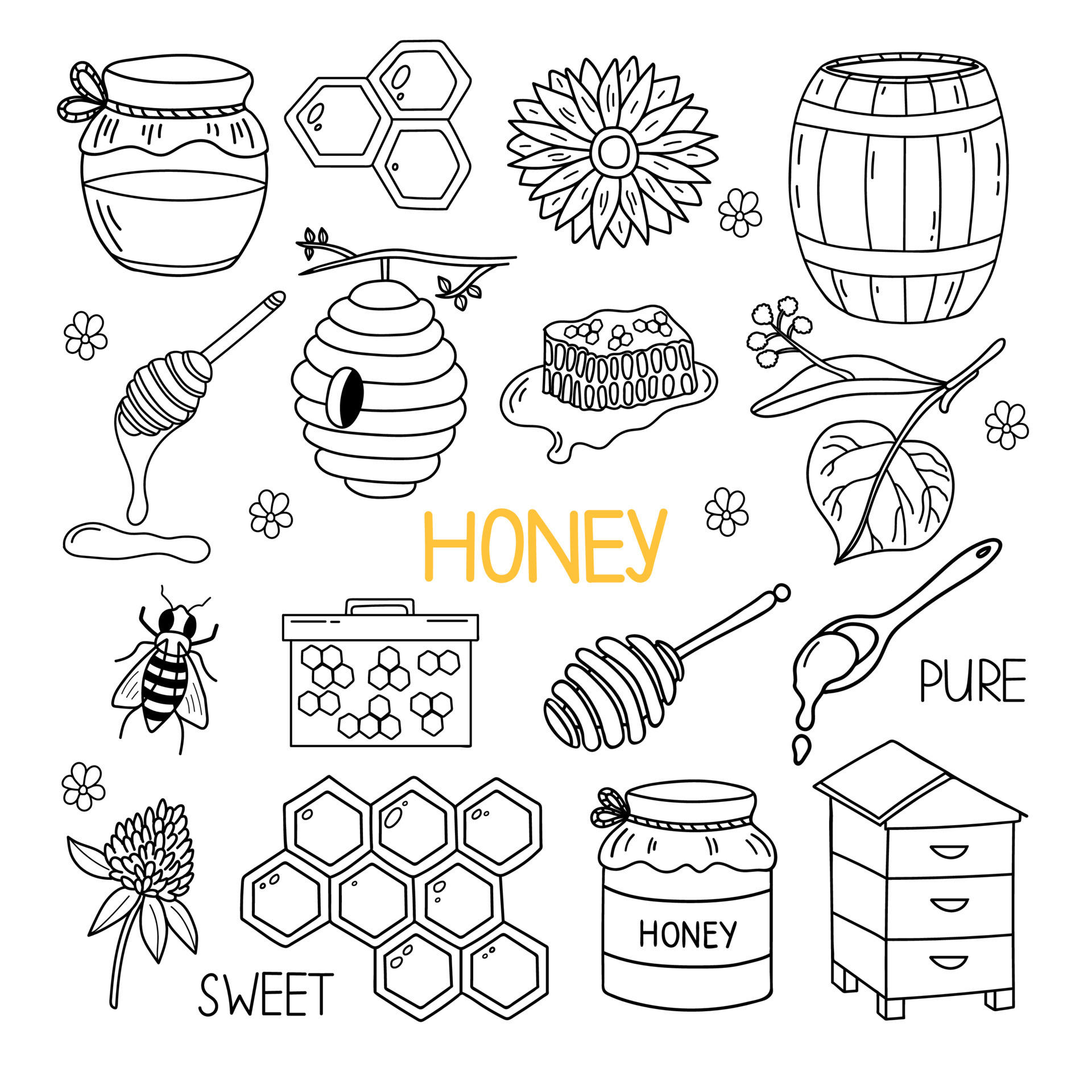 Honey Doodle Set With Bee Beehive Honeycomb Linden Sunflowers Hand Drawn Vector 