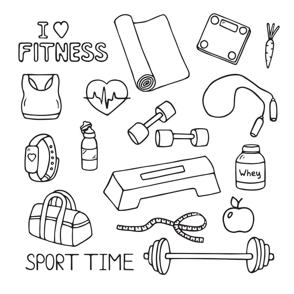 Fitness doodles set. Sketch of sport equipment with scales, barbell, ball, measuring tape, bottle, apple. Hand drawn vector illustration isolated on white background.