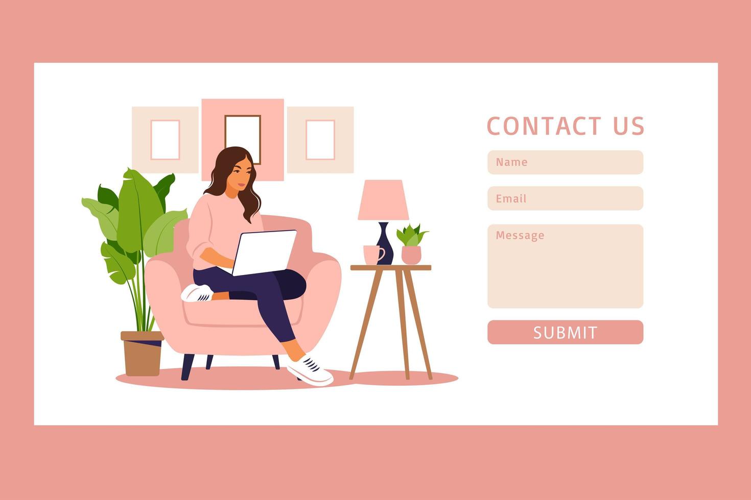 Contact us form template for web and Landing page. Freelancer girl working at home on laptop. Online customer support, help desk concept and call center. Vector illustration in flat.