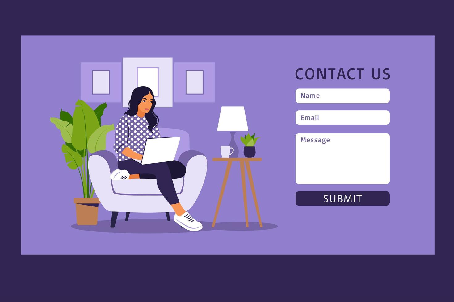 Contact us form template for web and Landing page. Freelancer girl working at home on laptop. Online customer support, help desk concept and call center. Vector illustration in flat.