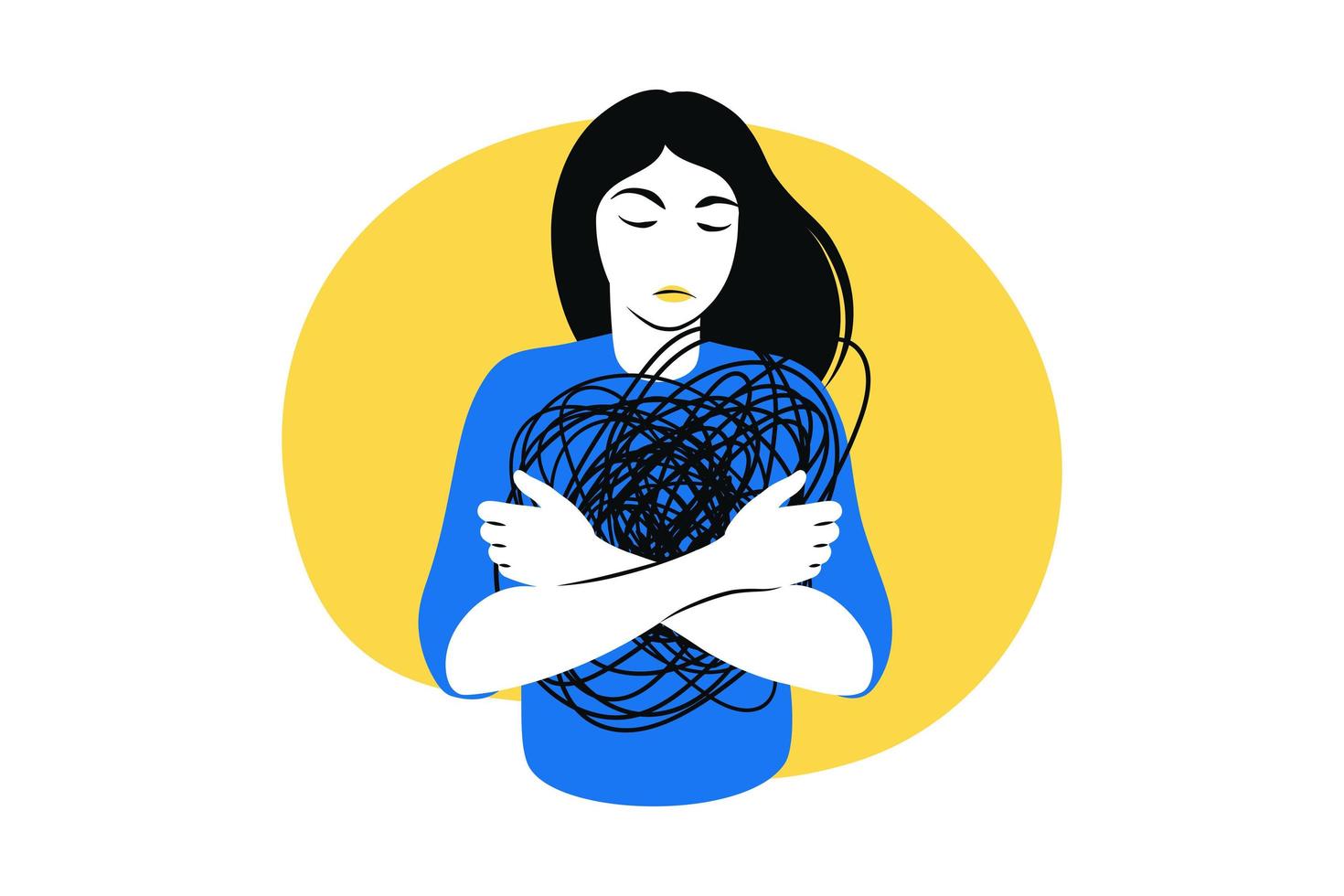 Young woman depressed. Concept of mental disorder, sorrow and anxiety. Physical and emotional violence. Vector illustration. Flat