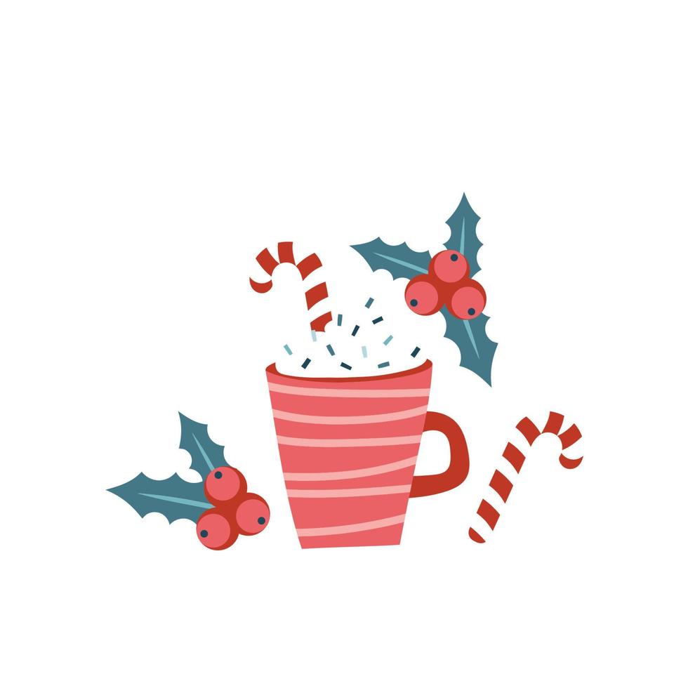 Hot tea, coffee cup. Winter holidays elements. Flat design vector