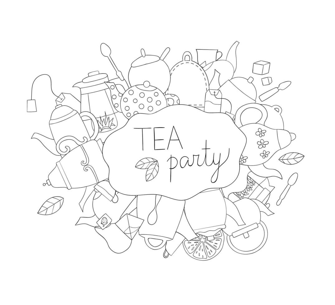 Tea elements black and white vector background. Tea party invitation or banner. Teapots coloring page. Doodle style drawing