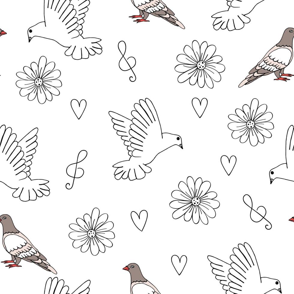 Vector illustration of pigeon and dove with hearts, flowers and treble clef. Seamless pattern for saint Valentine's day. Romantic love background. Tender and light repeat background