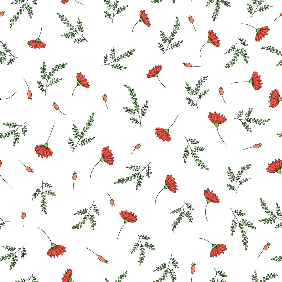 Vector seamless pattern of garden flowers and herbs. Hand drawn cartoon style repeat background. Cute summer or spring endless backdrop for wedding, holiday or card design