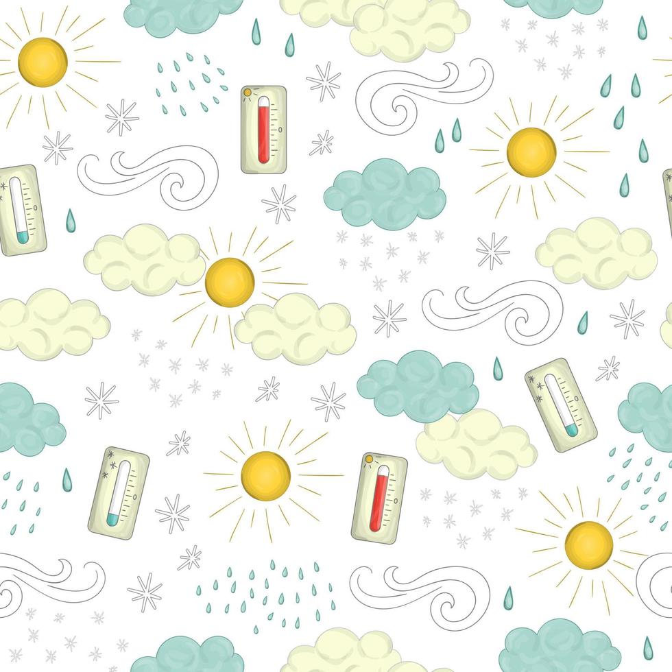 patrón transparente de vector de elementos meteorológicos. Lindo fondo de repetición de estilo doodle de sol, viento, lluvia, nieve, nubes, temperatura fría y caliente