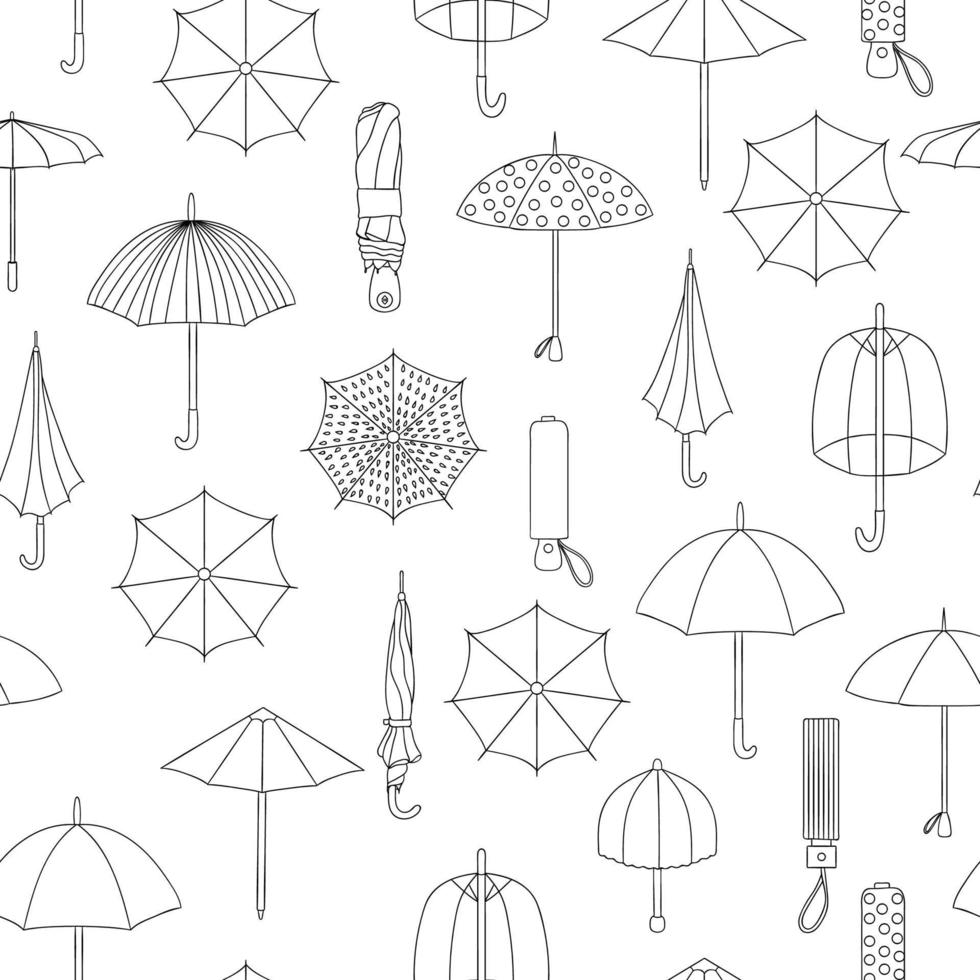 Vector seamless pattern of black and white umbrellas. Repeat background with isolated monochrome umbrella