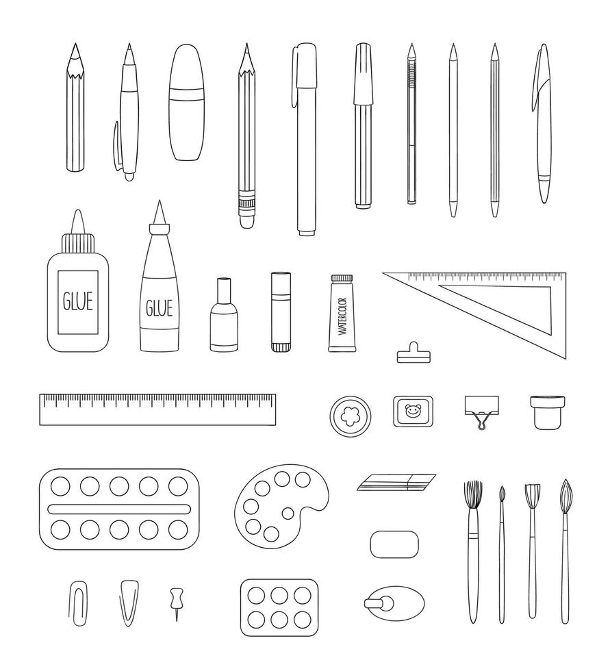 Vector set of black stationery, writing materials, office or school supplies isolated on white background. Monochrome pack of monochrome pen, pencil, ruler, glue, paint, brush, pushpin. Cartoon style