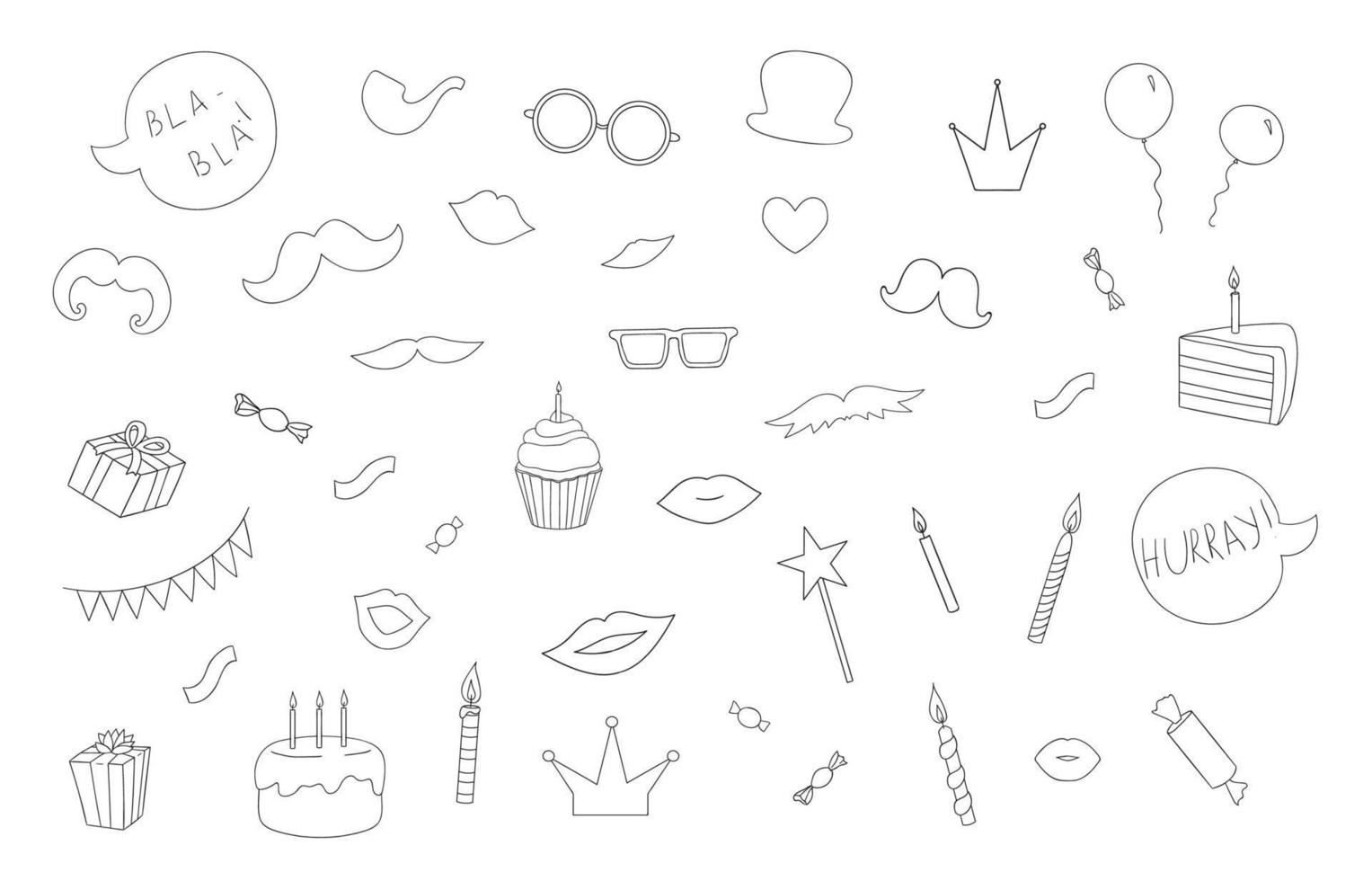 Vector set of black and white photo booth props, cakes, candles, balloons, confetti, sweets, candies, speech bubbles. Holiday or birthday collection. Linear art pack for party design or invitation.