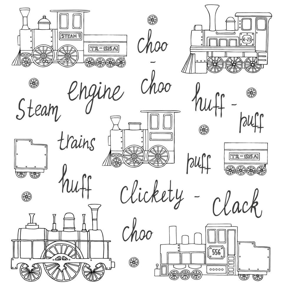 Vector black and white set of retro engines. Vector illustration of vintage trains isolated on white background. Cartoon style illustration of old trains for children