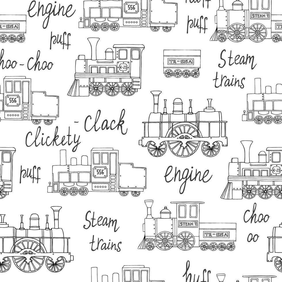 Vector black and white seamless pattern of retro engines. Vector repeat background of vintage trains isolated on white background. Cartoon style endless illustration of old trains for children