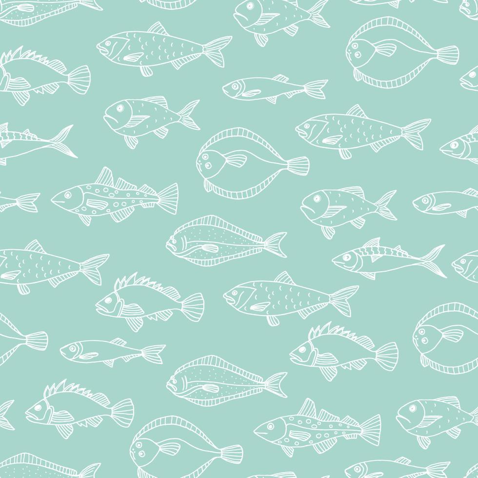 Vector seamless pattern of white fish outlines isolated on blue background. Repeating background with halibut, rock-fish, mackerel, herring, flatfish, sprat, grouper, cod. Underwater