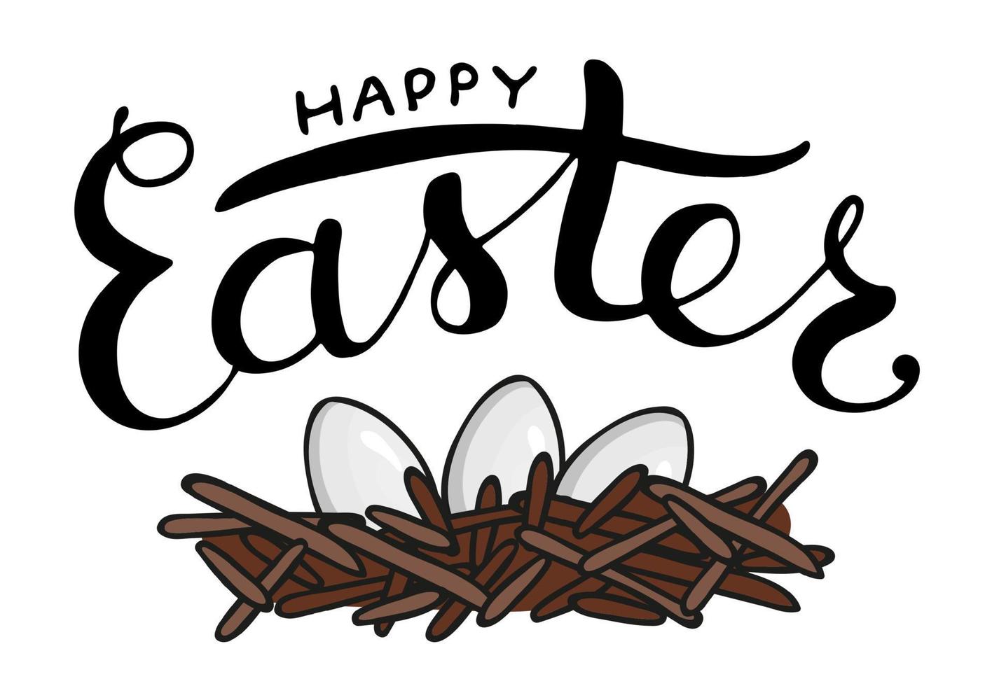 Vector Easter lettering with eggs isolated on white background. Season greeting typography. Cute hand drawn Happy Easter text. Card, invitation, banner, poster, postcard design.