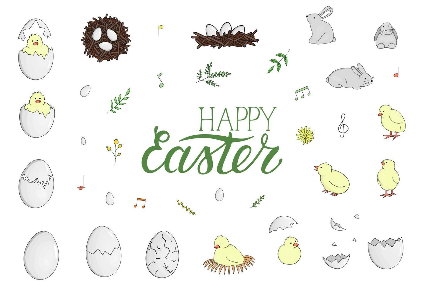 Vector set of hatching chicks, rabbits, eggs, herbs, flowers isolated on white. Cute cartoon style illustration. Hand drawn doodle Easter collection with lettering. Children illustration.