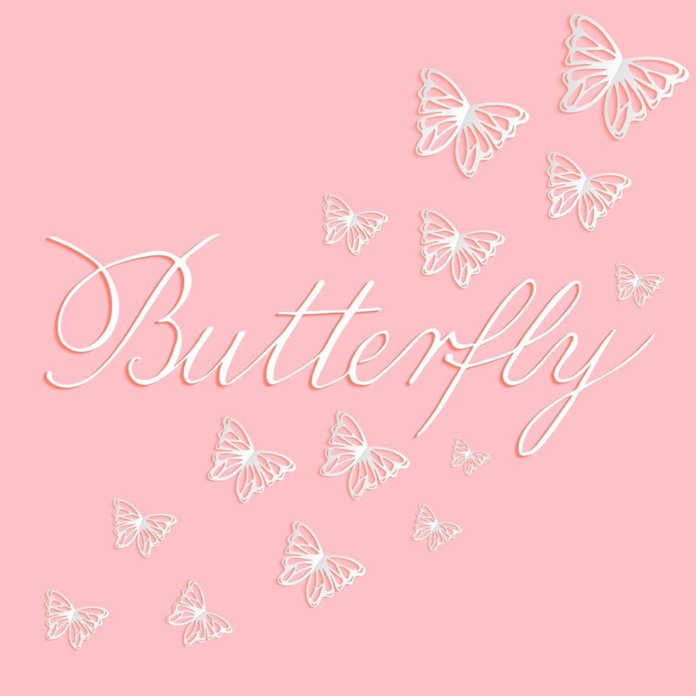 ilustración vectorial de papel cortado mariposas blancas sobre fondo rosa. Caligrafía de placa de cobre de mariposa. letras a mano para tarjetas de felicitación, papelería, póster vector