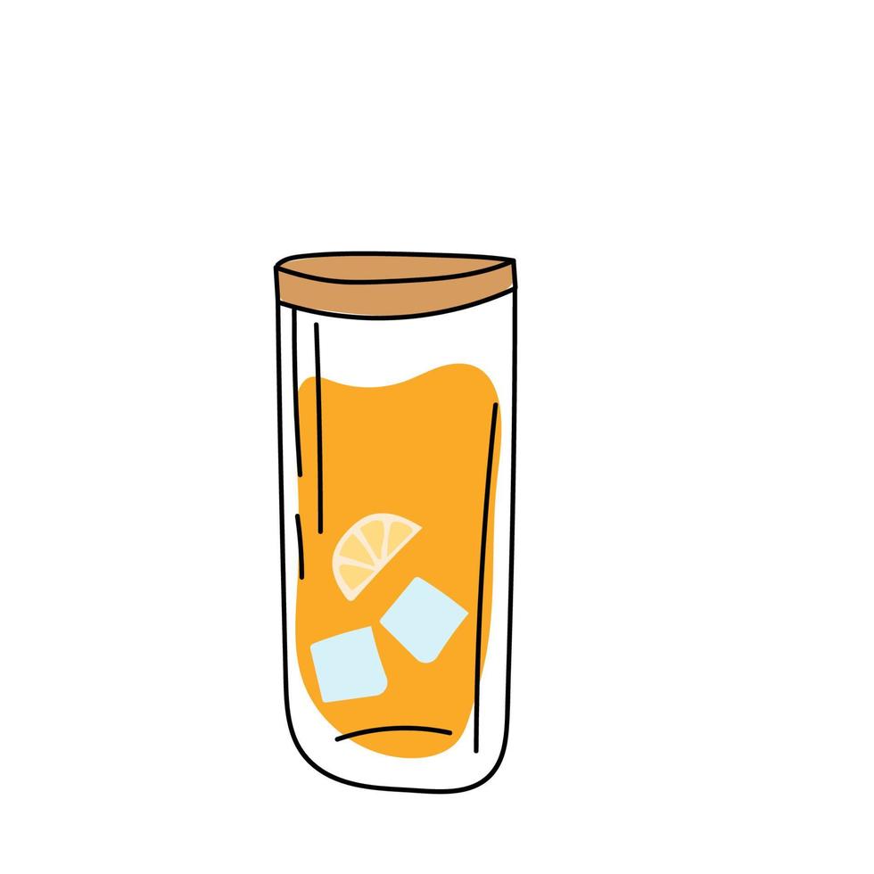 Glass bottle and tasty orange drink. Orange beverage vector