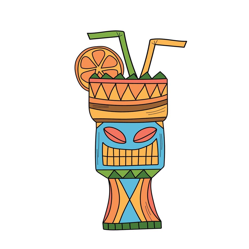 Tiki cocktails in hand drawn style. Tiki idol glasses vector