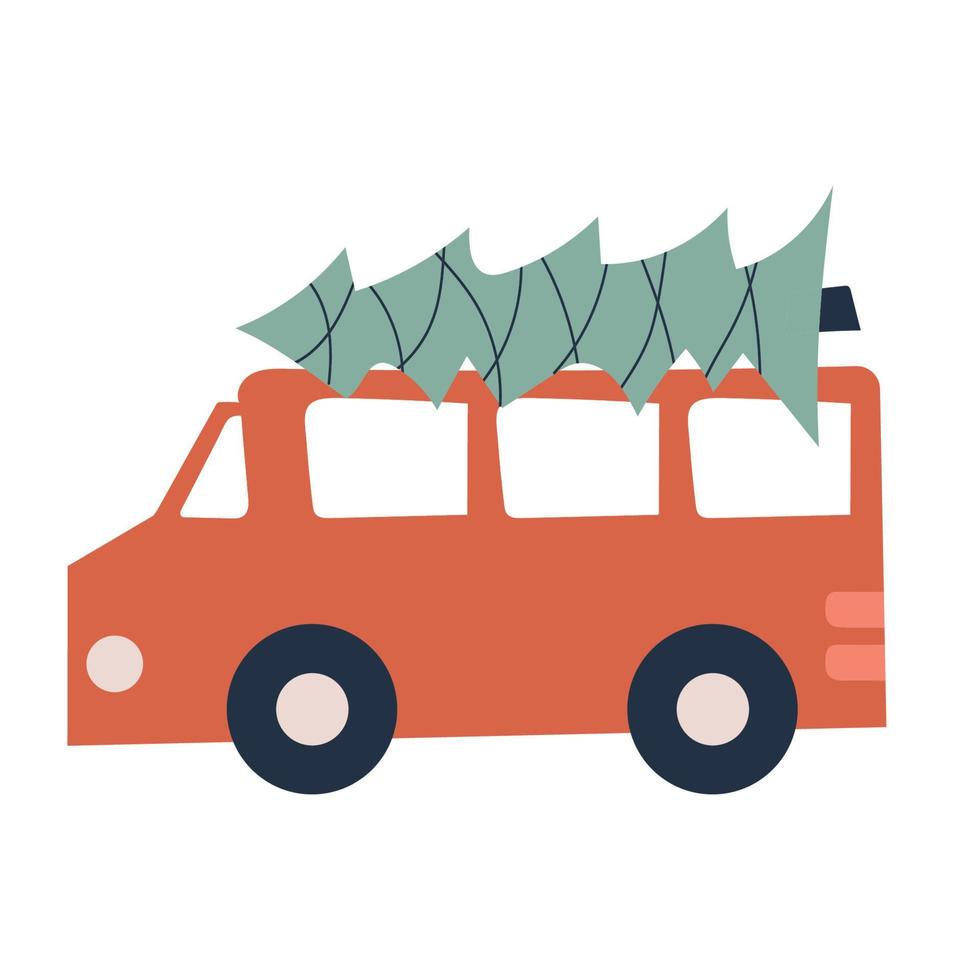 Simple cartoon car with a Christmas tree on the roof vector