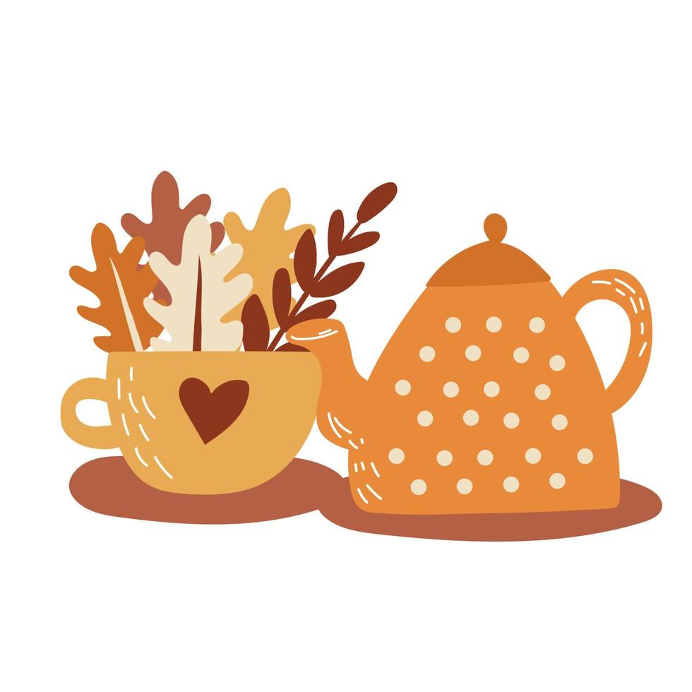 Set of autumn elements. Hot drinks, tea, pumpkin, coffee vector