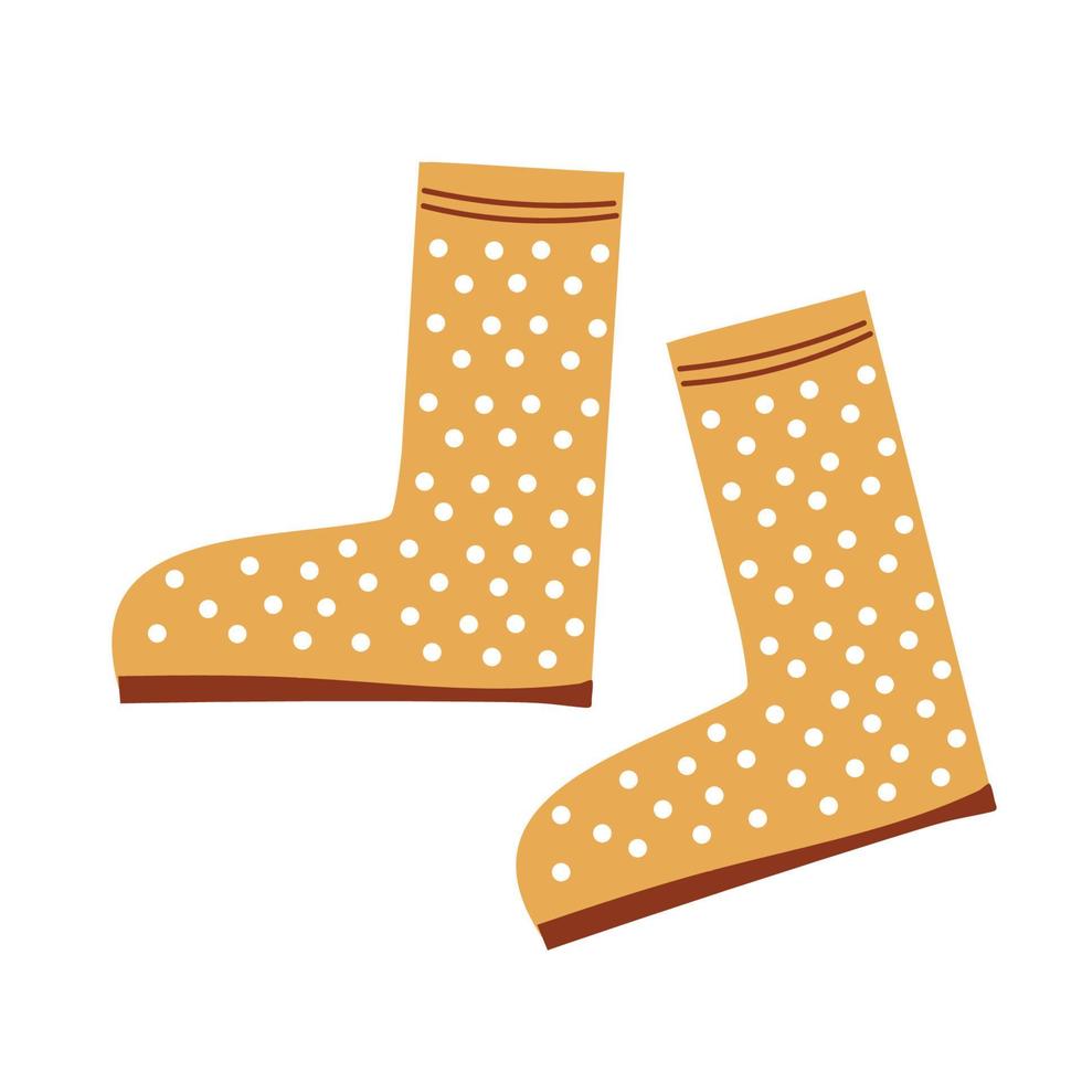 Hand drawn cartoon yellow rubber boots with dots. vector