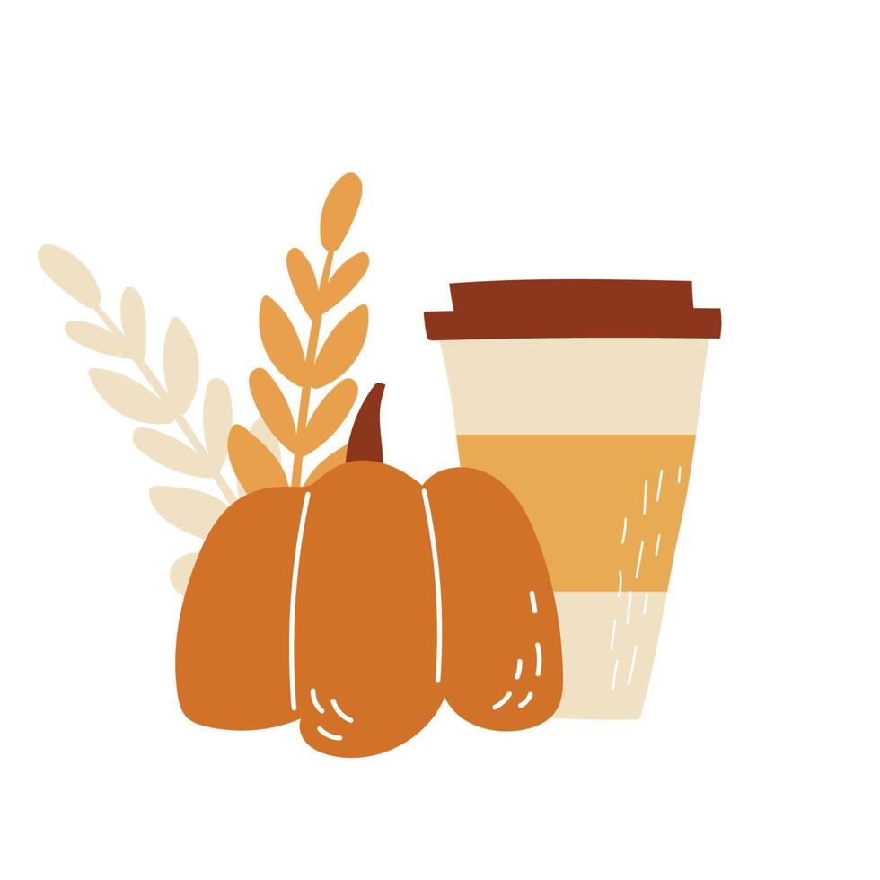 Set of autumn elements. Hot drinks, tea, pumpkin, coffee vector