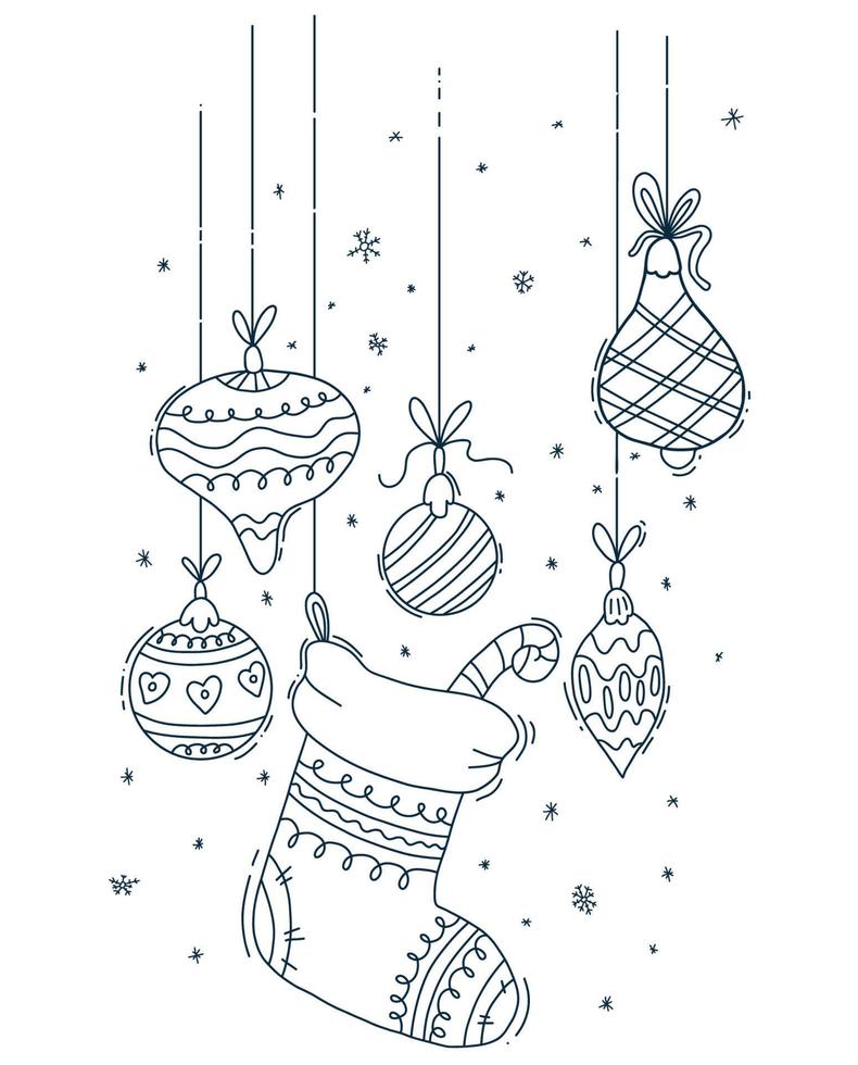 card with Christmas sock with striped candy and Christmas balls and Christmas tree decorations. Vertical Vector illustration. Linear drawing, outline for New Year design, greeting cards and print