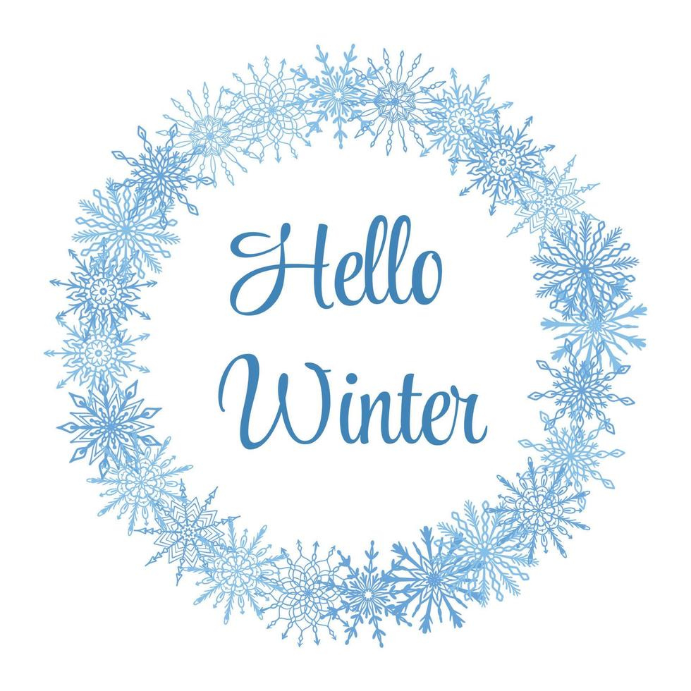 Beautiful winter season greeting card with text Hello Winter. Christmas, New Year round frame, wreath with hand drawn blue snowflakes isolated on white background. Winter festive design template vector