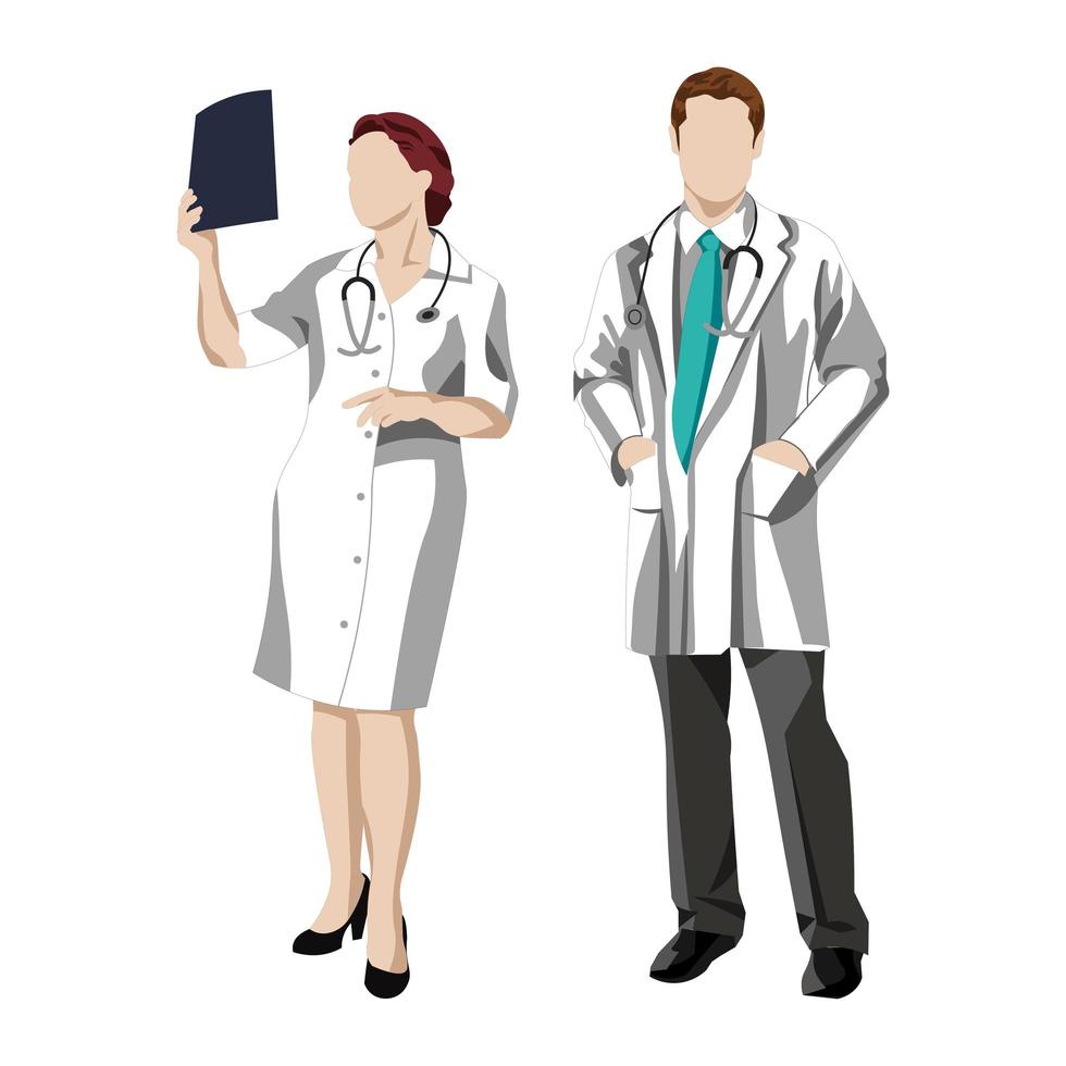 Hombre y mujer médico, enfermero u ordenanza sobre un fondo blanco, tratamiento de enfermedades y virus - vector