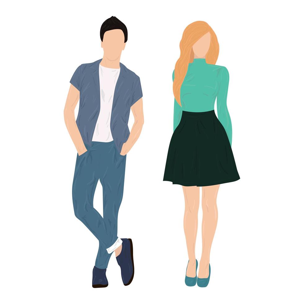 Stylishly dressed boy and teenage girl on a white background - Vector