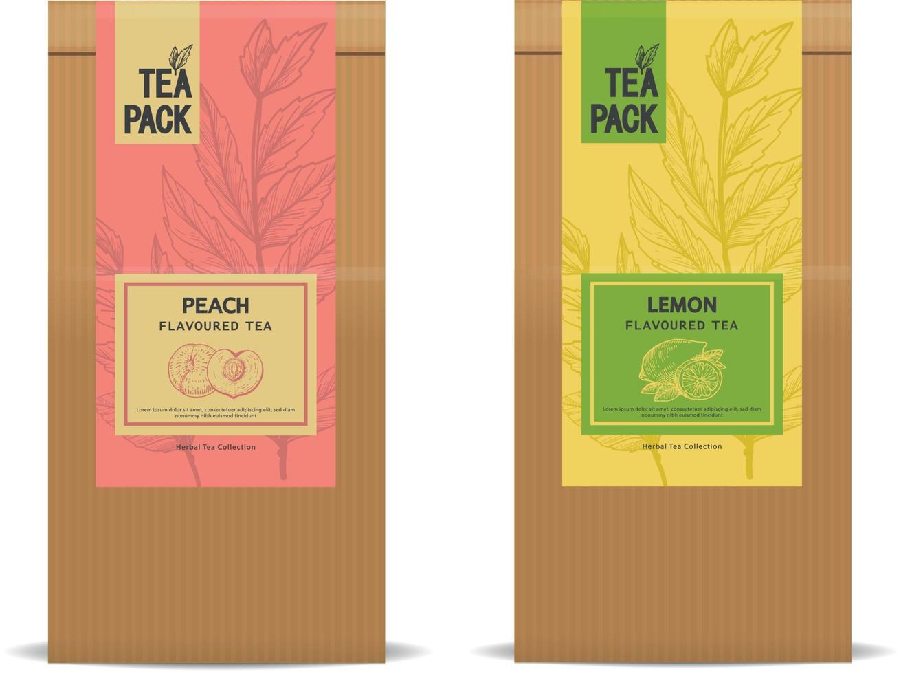 bolsa de papel artesanal con etiquetas de té aromatizadas. diseño de diseño de envases vectoriales. Dibujado a mano melocotón amd limón siluetas de fondo. vector