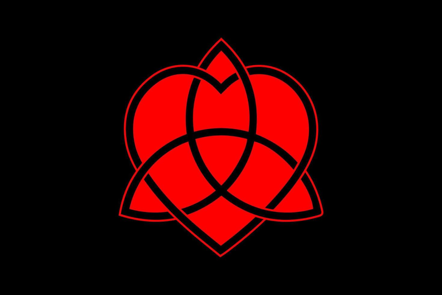 Celtic love knot, intertwined heart shape and Triquetra, Everlasting Love symbol knot. Red Logo icon Valentines concept, vector tattoo isolated on black background