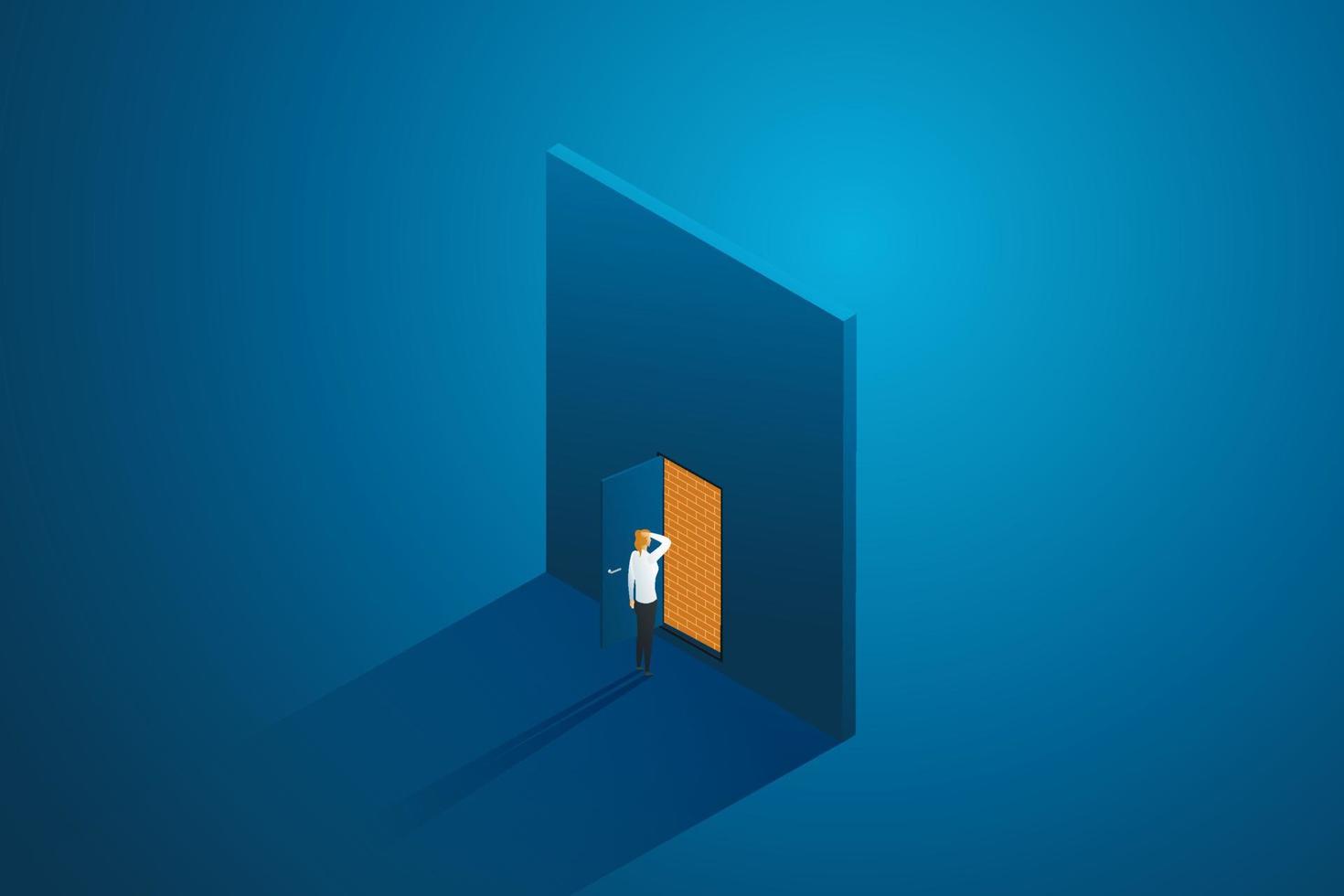 Woman opening door sees a wall blocking way. vector
