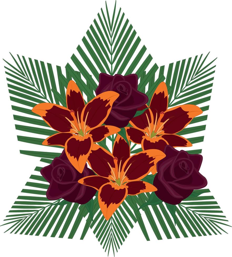 Lily and rose dark gloomy color bouquet with palm leaves vector illustration