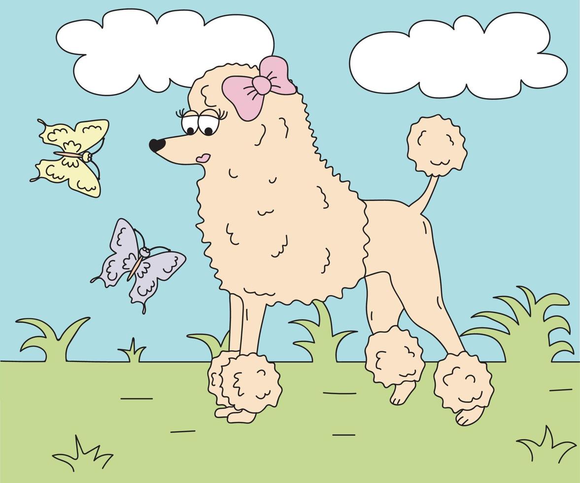 ilustración infantil brillante en la que un caniche es una niña y mariposas vector