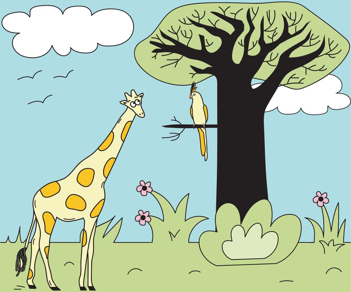 children's african illustration - giraffe and parrot vector