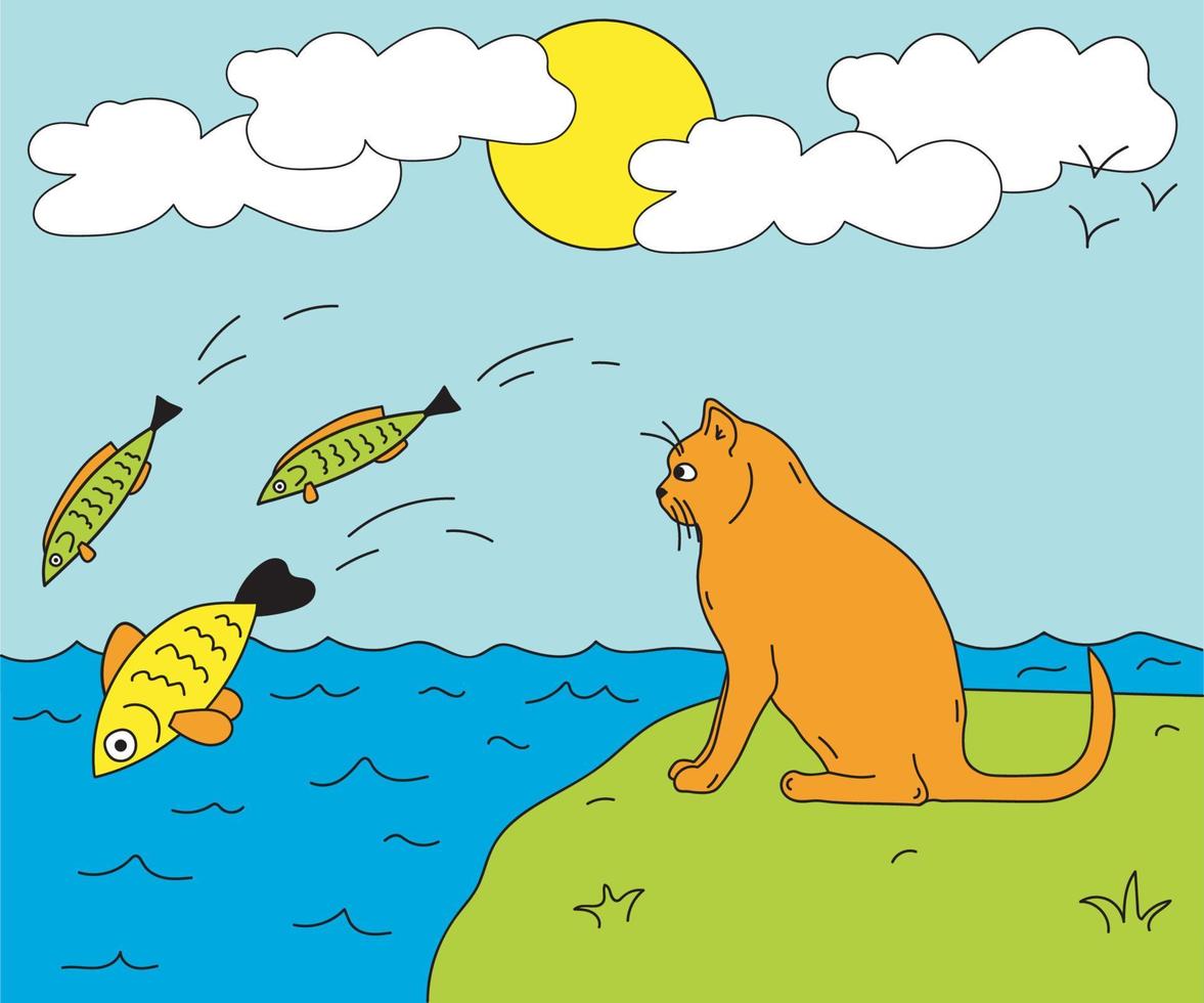 children's doodle illustration with a cat who sits and looks at a sea fish vector