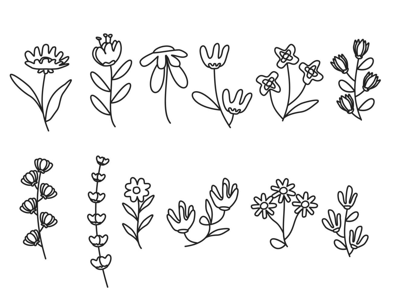 set of hand drawn flowers and leaves line art doodles. aesthetic illustration vector