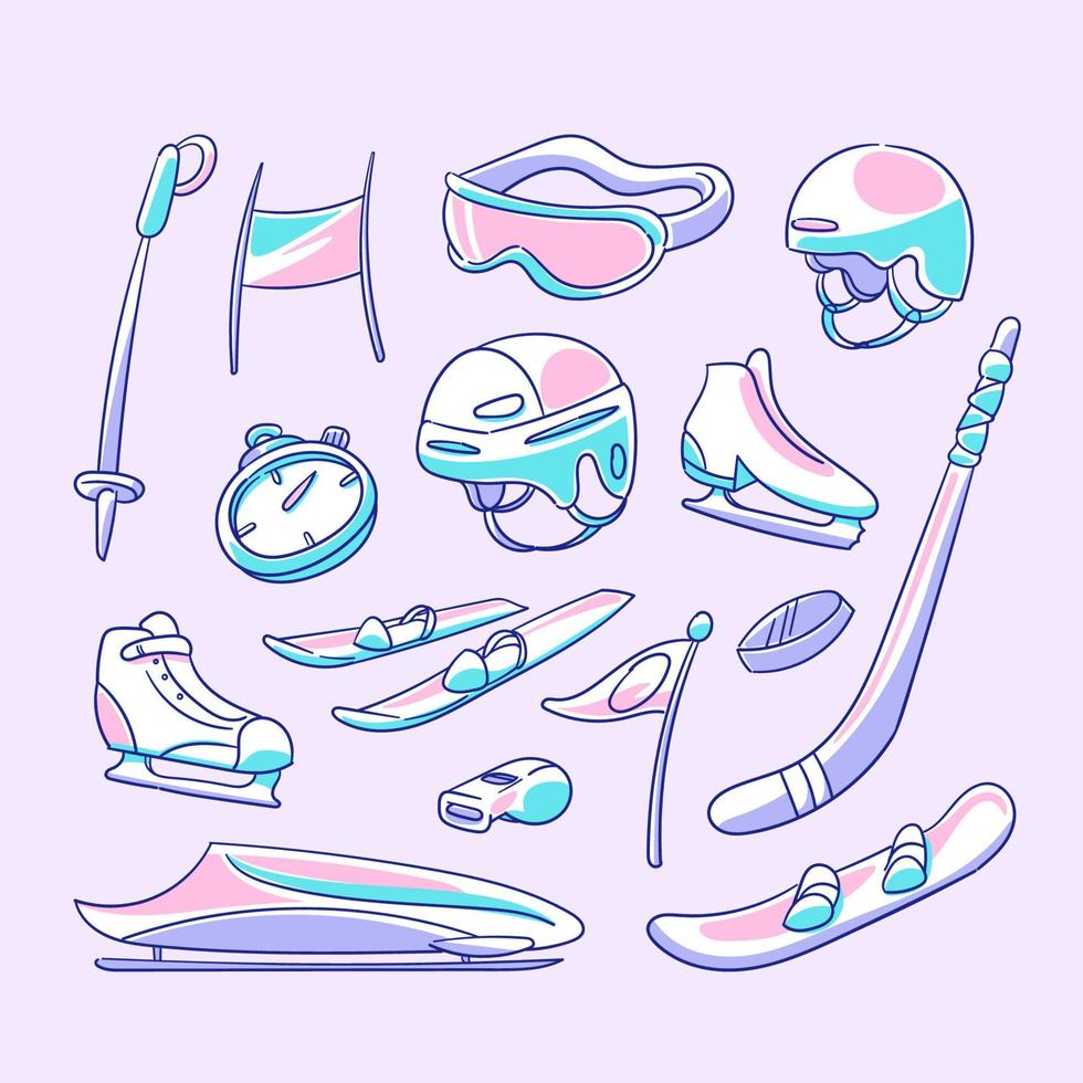 Doodle del conjunto de iconos de deportes de invierno de equipos olímpicos vector