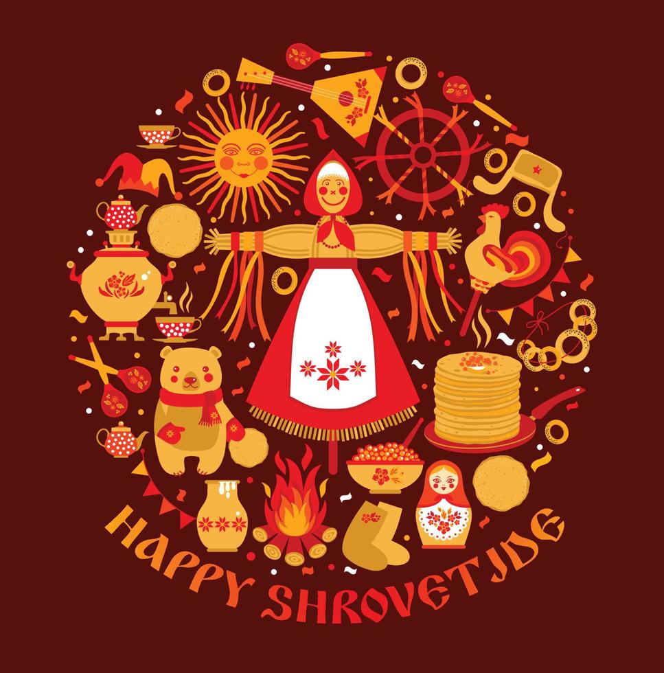 Vector set on the theme of the Russian holiday Carnival. Russian Shrovetide or Maslenitsa.