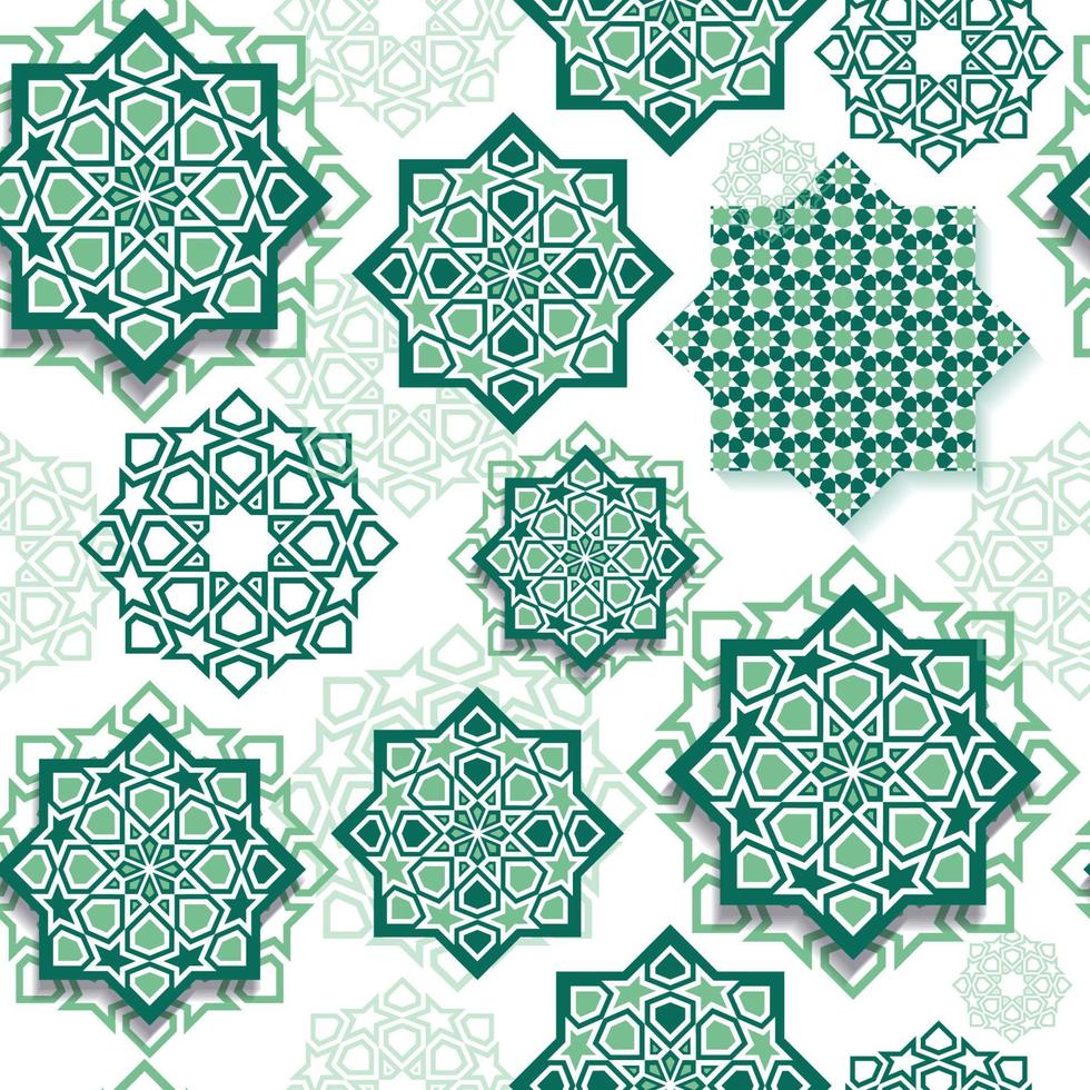 Festival graphic of islamic geometric art. Seamless pattern decoration in green. Eid Mubarak celebration. vector