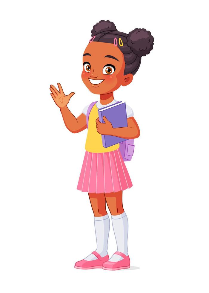 Ilustración de vector de dibujos animados de saludo de niña de escuela afroamericana