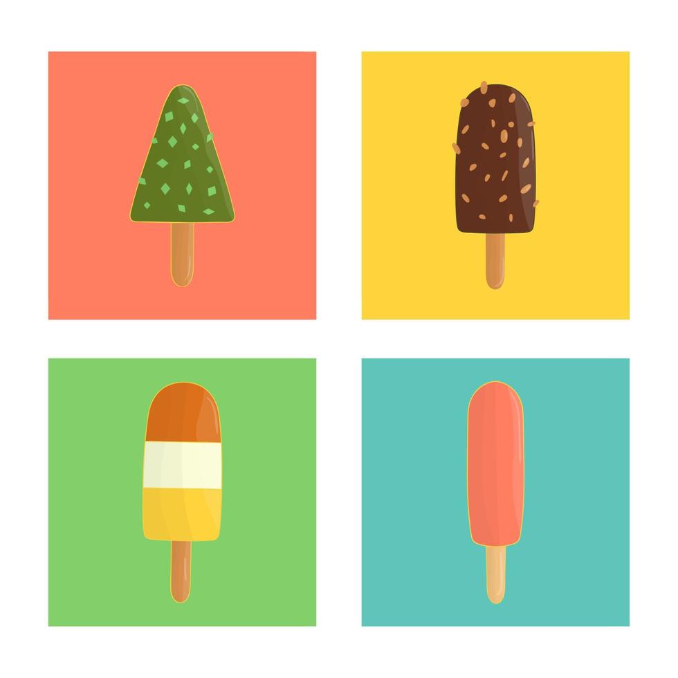 Vector set of colorful ice-cream. Colored ice on blue, green, yellow, pink background. Bright and cheerful illustration of cold summer dessert in colorful blocks