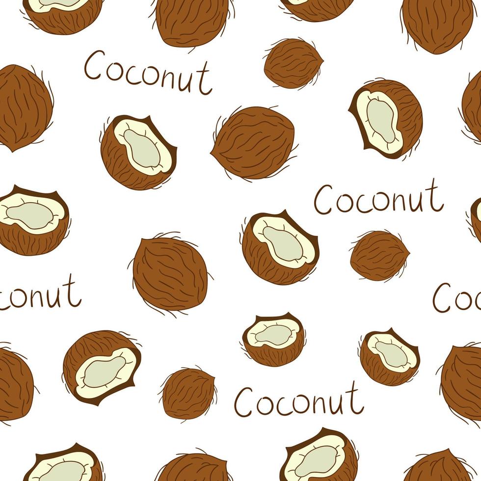 Vector seamless pattern of colored nuts. Repeat background with isolated bright coconuts. Food texture in cartoon or doodle style.