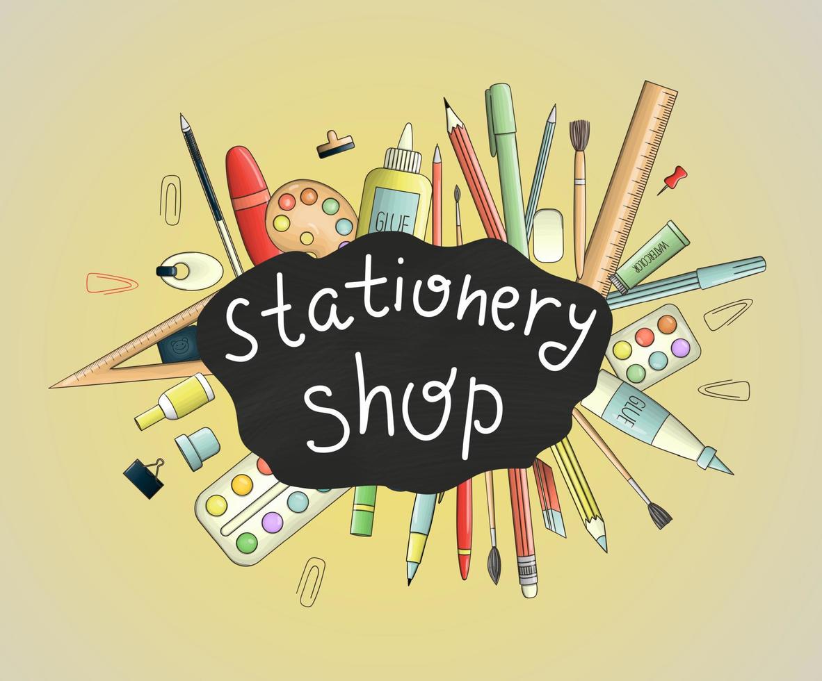 Bright colored back to school, stationery, writing materials, office or school supplies elements. Stationery shop advertisement or banner. Doodle style illustration of pen, pencil, ruler, glue, paint vector
