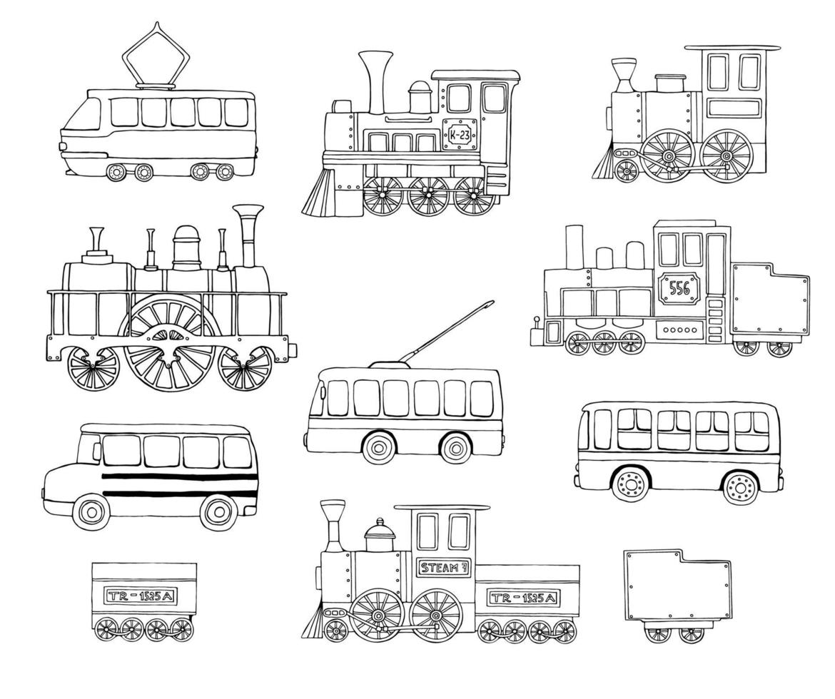 Vector black and white set of retro engines and public transport. Vector illustration of vintage trains, bus, tram, trolleybus isolated on white background. Cartoon style illustration