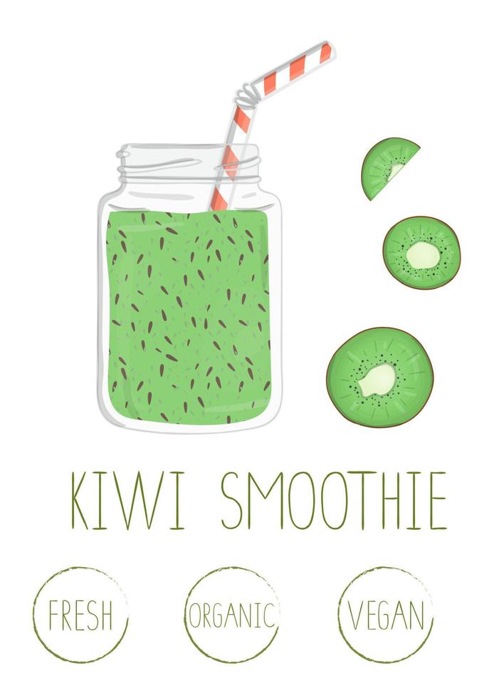 Vector illustration of kiwi smoothie in a glass jar with bending straw and kiwi fruit. Fresh organic vegetarian food isolated on white background